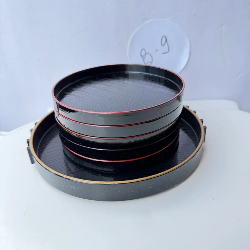 Set of 6 Vintage Japanese Style Black Lacquerware Round Serving Trays B-9
